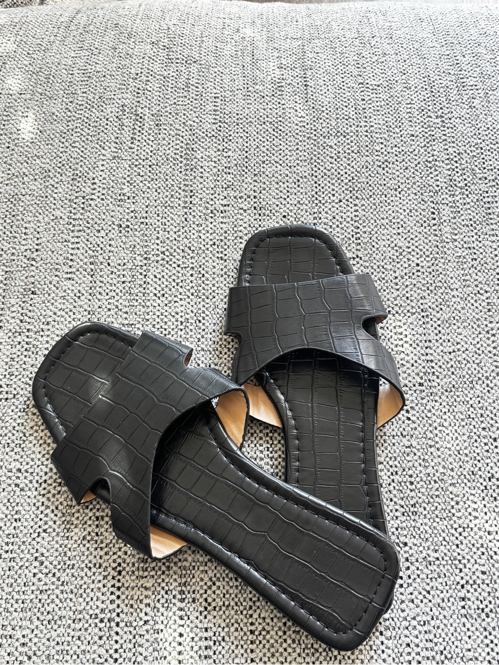 Black Croc-Embossed Slide Sandals